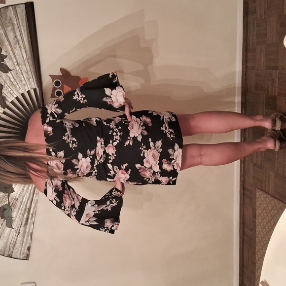 Silky,Sexy,Black with Pink Roses,Off Shoulder,Mini Dress with Long Bell Sleeves - Picture 3 of 11